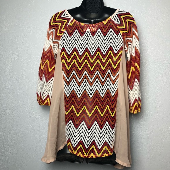 A’REVE chevron striped fall fire crochet knit shirt blouse sheer layers Sz Small - Picture 7 of 15